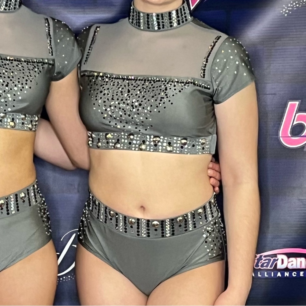 Grey, two-piece rhinestone dance costume